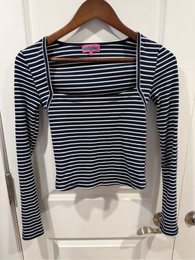 Edikted Striped Navy and White Square Neck Long Sleeve Top